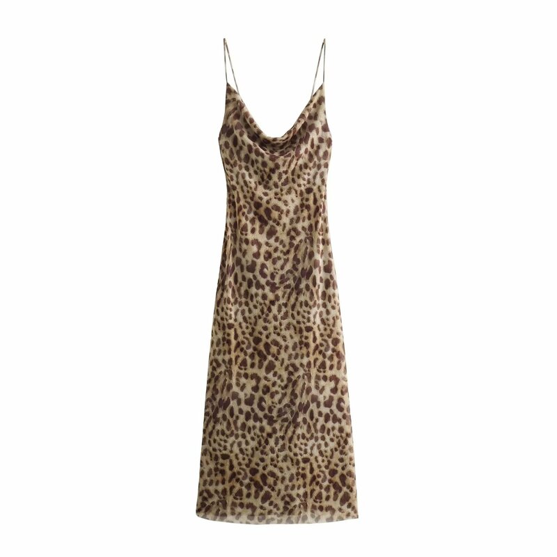 TRAF Leopard Print Split Long Dress for Women 2024 Spring Summer New Casual Sexy High Waist Thin Shoulder Strap Slim Fit Dress