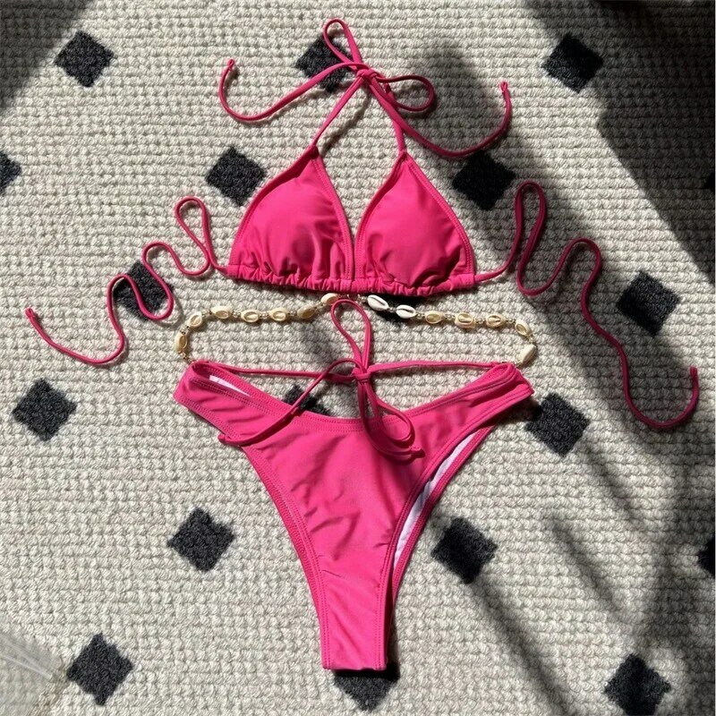 Женский купальник-бикини из 2 предметов, топ + нижнее белье, летний розовый цвет, ярко-розовый цвет, пляжный праздничный купальник для девушек, одежда для улицы