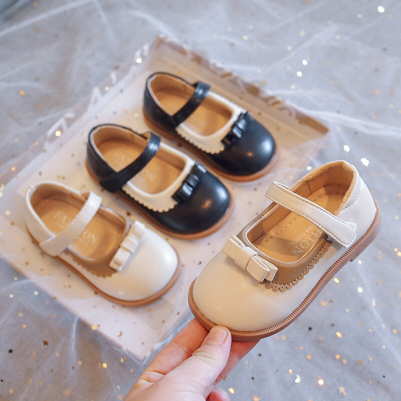 Zapatos de cuero para niñas estilo británico Lolita niñas primavera lazo de encaje Fondo suave bebé princesa punta redonda Simple Casual pisos poco profundos