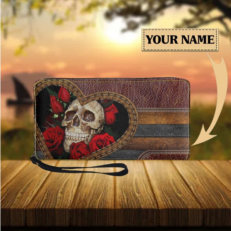 Bolsa de couro gótica para mulheres, carteira personalizada, bolsas femininas, porta-cartão, rosa vermelha, moda, 2023
