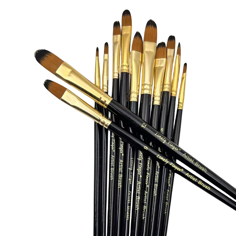 Filbert Golden Nylon Bristle Paint Brush Set, escova profissional para aquarela, acrílico, guache, óleo, Facepaint, 12pcs