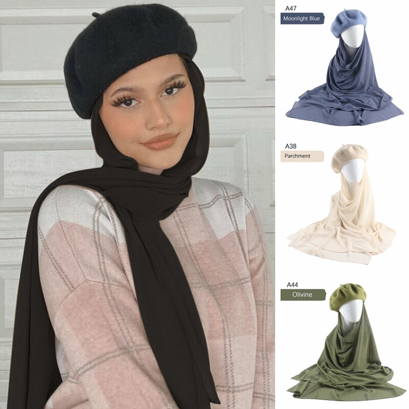 Chapéu liso baret com hijabs chiffon para mulheres, estilo francês, boina, hijab chiffon instantâneo