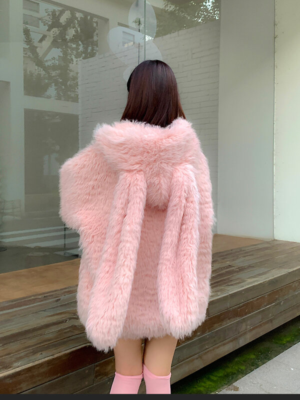 Jaket panjang wol imitasi telinga kelinci cantik wanita, jaket panjang longgar lembut Fuzzy hangat tebal manis musim gugur dan dingin