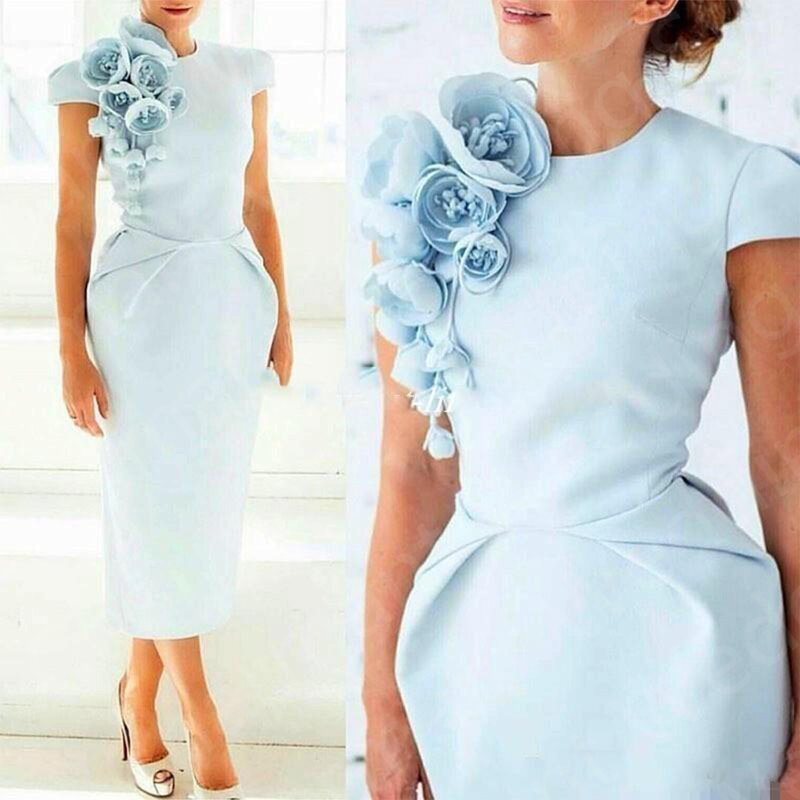 Vestido azul elegante para madre, vestidos de media pantorrilla para fiesta de boda, manga corta, cuello redondo, flores de novia, 2023