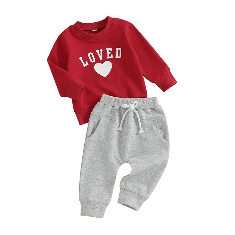 Conjunto de moletons e calças de manga comprida com estampa de coração feminino, criança, roupas de meninos, roupas de dia dos namorados, 2023-11-09
