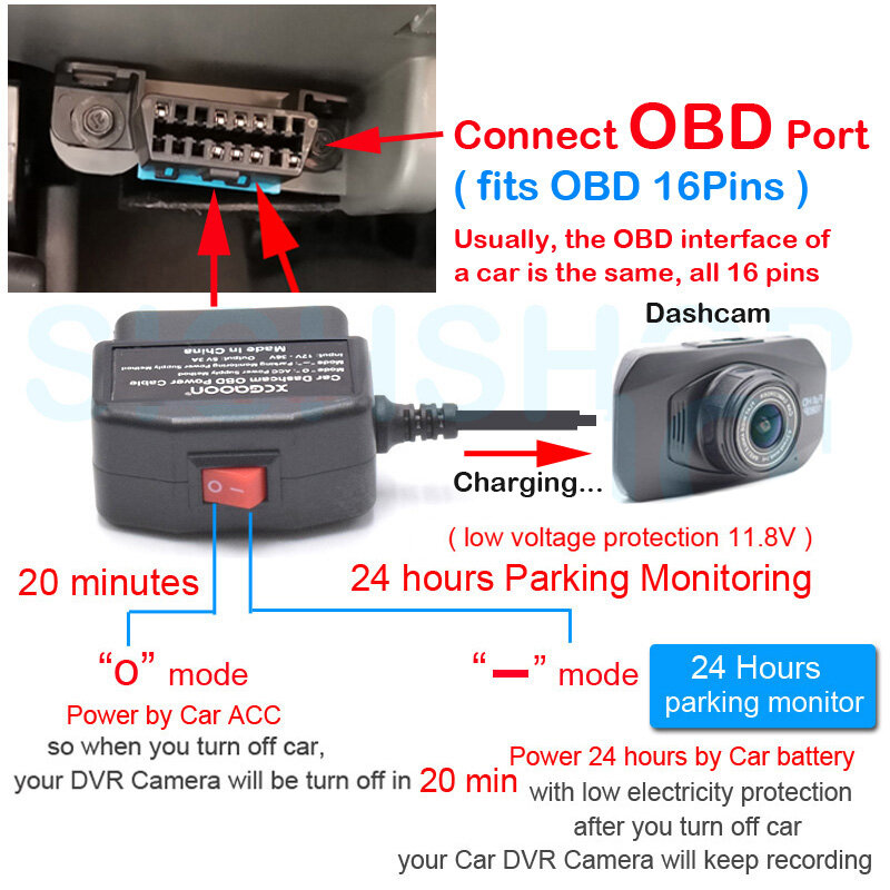 Dashcam Camcorder Voertuig Dvr 24 Uur Auto Oplaadkabel Obd Hardwire Koord Mini Micro Type-C Poort 5V 3a 3.5Meter Met Schakelaar
