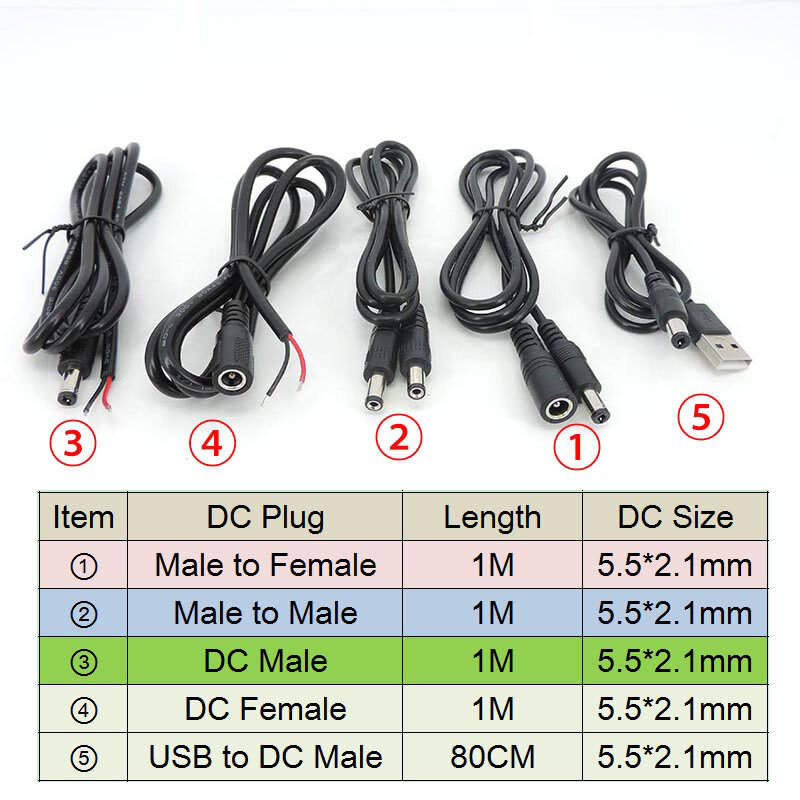 DC Power carregamento cabo estendido, Jack Plug fio conector, CCTV, macho e fêmea fio, 5.5mm x 2.1mm, 2 Pin, 5.5mm x 2.1mm