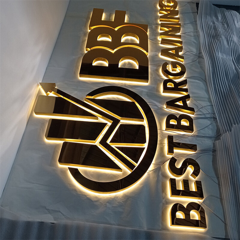 Niestandardowe podświetlane złoty metal sklepowe z podświetleniem, znak reklamowy z logo firmy LED ze stali nierdzewnej