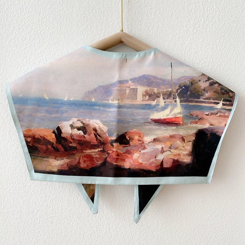 Écharpe élégante à col détachable pour femmes, Cape châle imprimée peinture à l'huile paysage