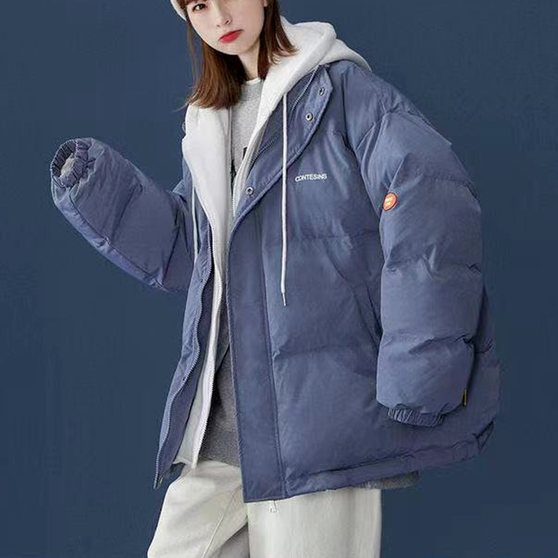 Jaqueta grossa de algodão com capuz para homens e mulheres, roupas estilo casal, blusa de emenda de duas peças solta, moda primavera e inverno, estilo coreano