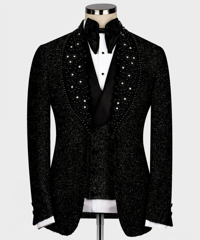 Trajes de novio de lujo para hombres, Blazer negro de Lúrex brillante, chaleco, pantalones, 3 piezas, negocios, fiesta de graduación