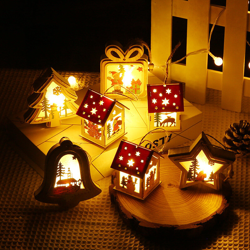 Decoraciones navideñas para el hogar, adorno de madera, colgante de cabina, adorno brillante para árbol de Navidad, suministros para fiestas navideñas