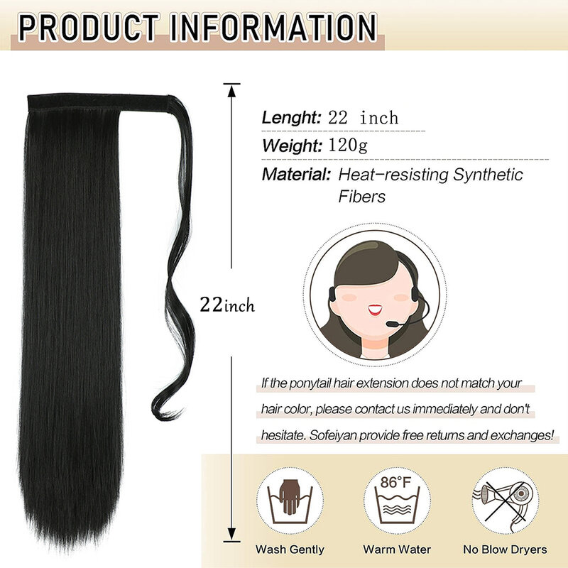 Cola de Caballo larga y recta para mujer, extensión de cabello sintético envuelta de 22 pulgadas, Clip en peluca, Natural, suave, uso diario