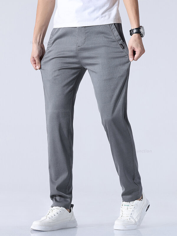 Lyocell-Pantalones ultrafinos para hombre, ropa de marca, color negro y gris, clásicos, suaves y rectos, elásticos, a la moda, novedad de verano