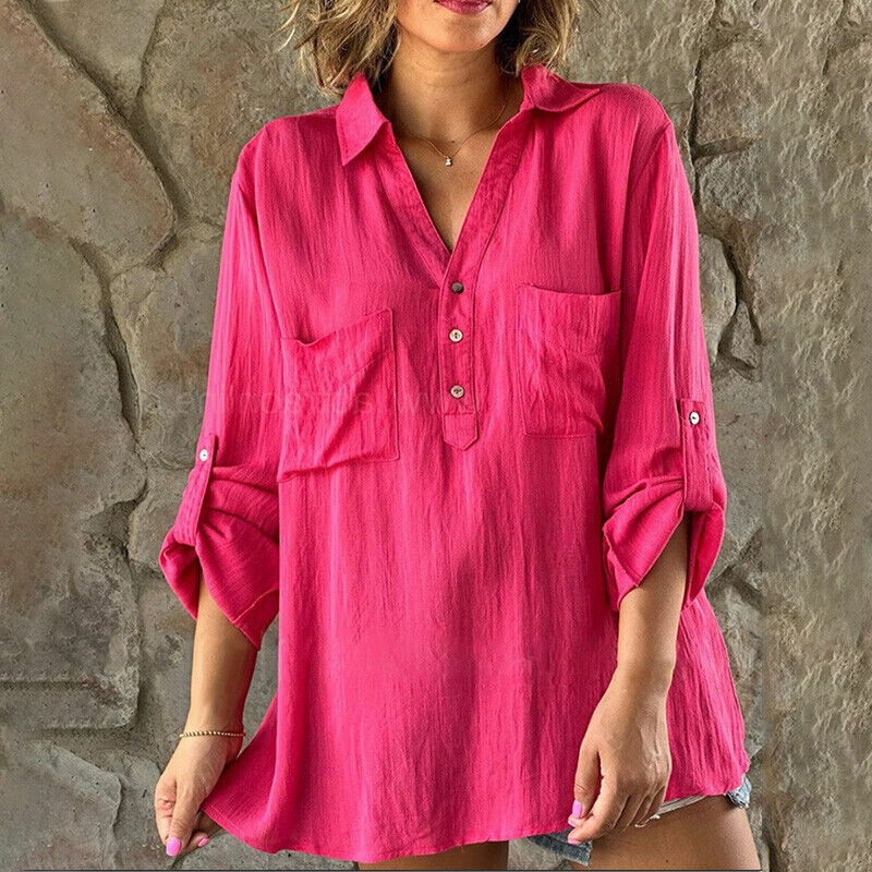Camicia da donna camicetta in lino tinta unita tasca con bottoni manica lunga camicie Casual quotidiane di base