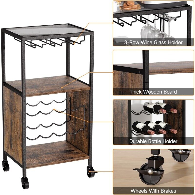 Wine Cart, Small Liquor  with Glass Holder, Rolling Side Table for Beverage Serving, Wood and Metal Bar  Rustic Brown