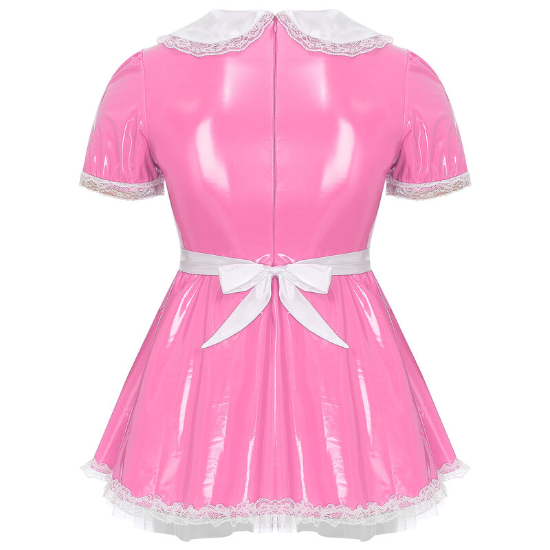 Servants Maid Dress with French Apron Puff Sleeve Ruffle Lace Patent Leather A-Line Dress Sissy Mens Cosplay Dress Up Costume