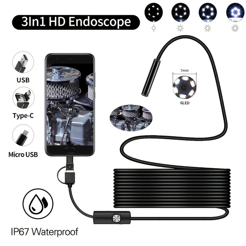 Cámara endoscópica automotriz de una sola lente, Mini cámara de inspección Android, endoscopio para teléfonos inteligentes, tipo C