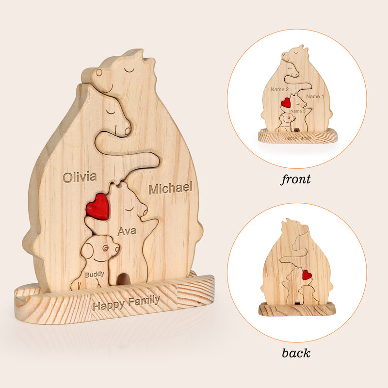 Livre Gravura Família Urso Enigma De Madeira, Personalizado Nome Escultura, Presente De Aniversário, Home Desk Decor
