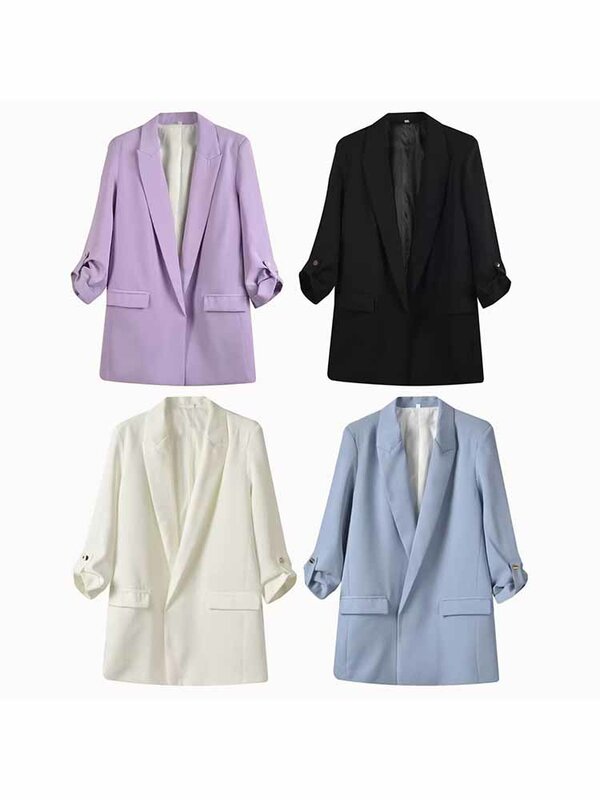 Blazer aberto vintage feminino com mangas roláveis, casaco casual solto, outerwear feminino, moda chique, novo, lapela, aberto, decoração de bolso