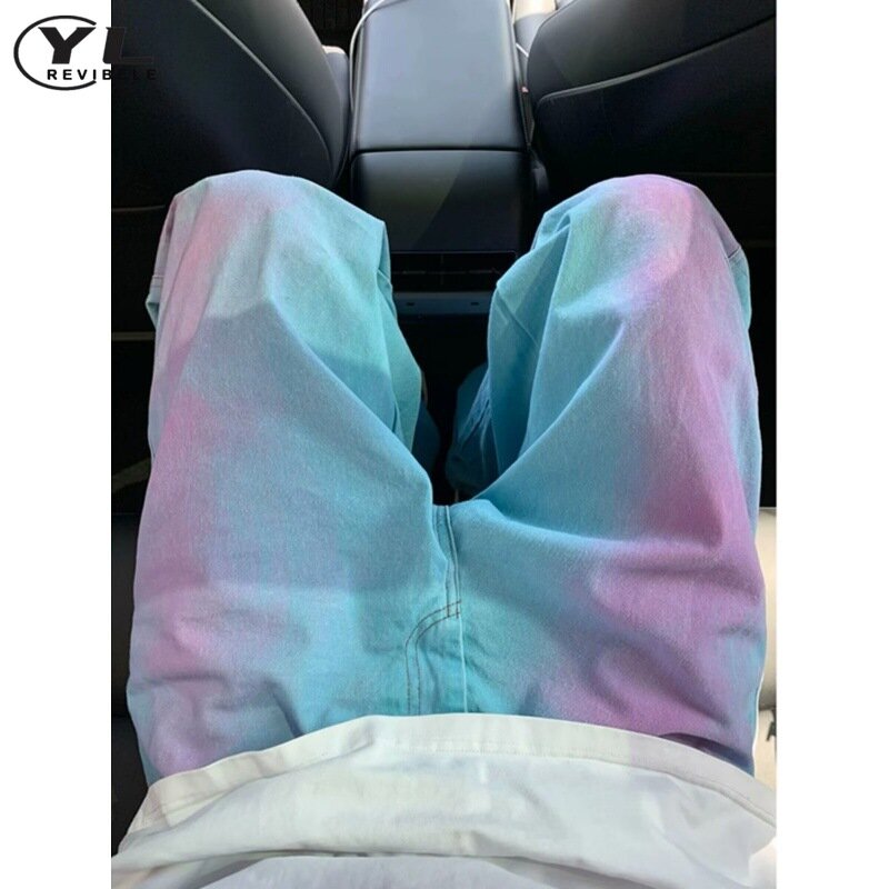 Calça jeans reta masculina Graffiti Tie Dye, calça jeans de perna larga, calça casual larga, roupa de rua alta, moda streetwear, americana, 2024