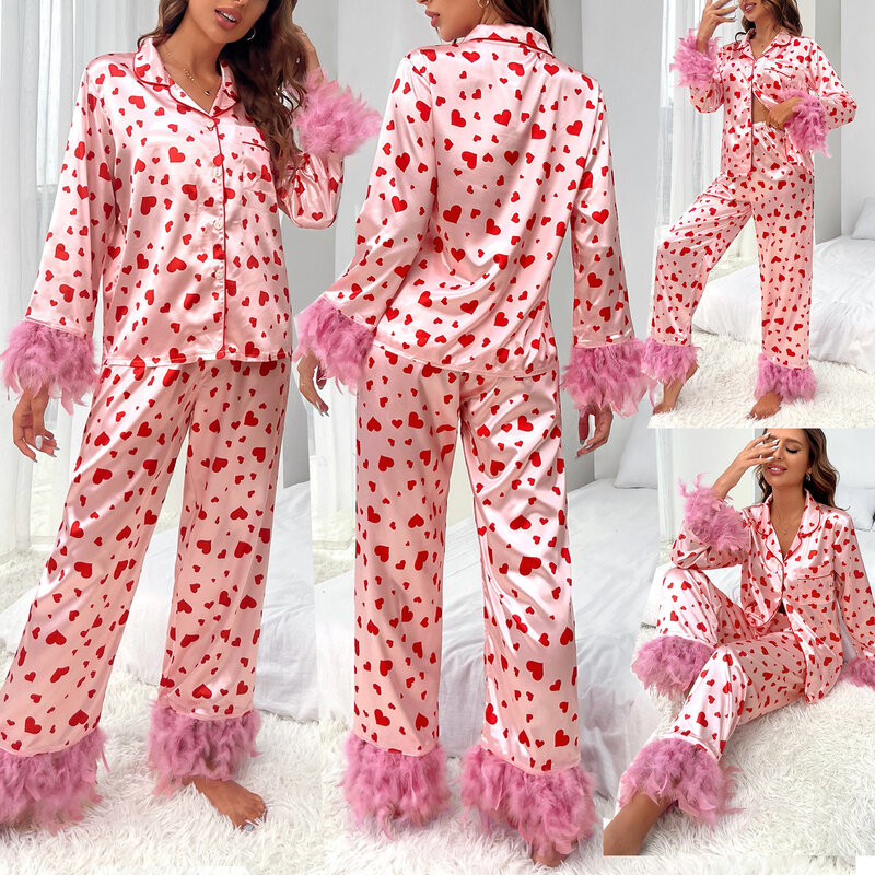 New Pajamas Set for Women Love Print Feather Loungewear and Straight-leg Pants Set Shirt Trousers Two Piece Sets Womens Outifits