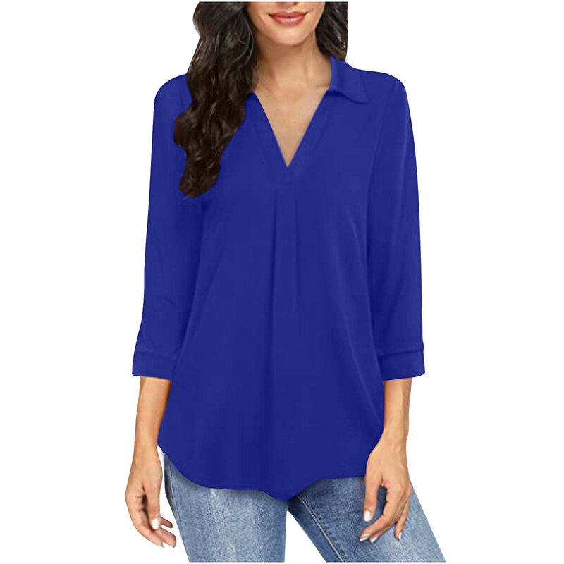 Elegant Chiffon Women's Clothing Patchwork Solid Color V-neck 7/4 Sleeve Shirt Top