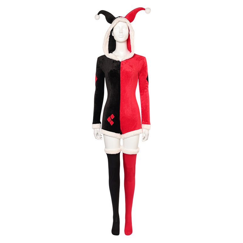 Quinzel Cosplay Weihnachts kostüm Erwachsene weibliche Verkleidung Overall Kopf bedeckung Handschuhe Fuß abdeckung Halloween Rollenspiel Fantasia Kleidung