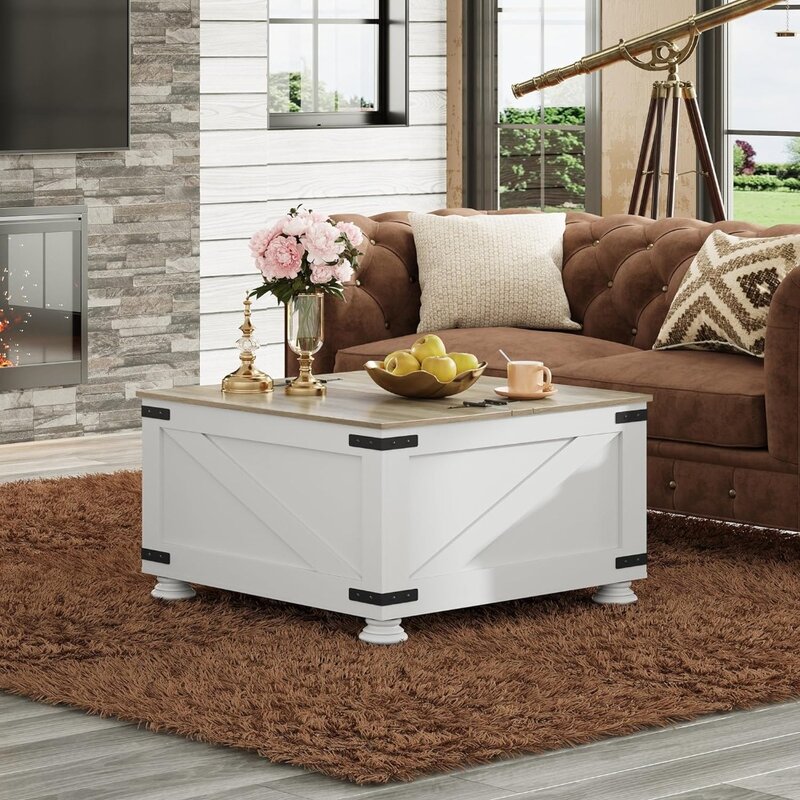 Table basse carrée en bois avec rangement, mobilier de café blanc, bureau à domicile, ferme
