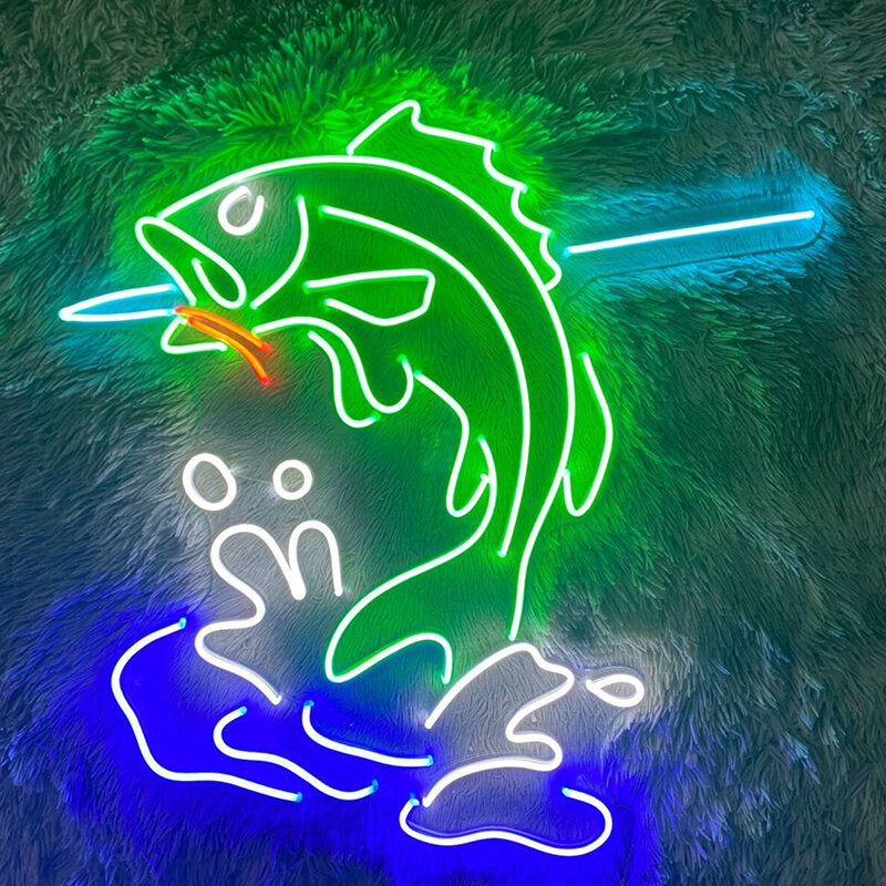 Niestandardowy łowienie okonia neonowy obraz ścienny z oświetleniem LED spersonalizowany znak rybacki wystrój domu Neon dekoracja sypialni do salonu
