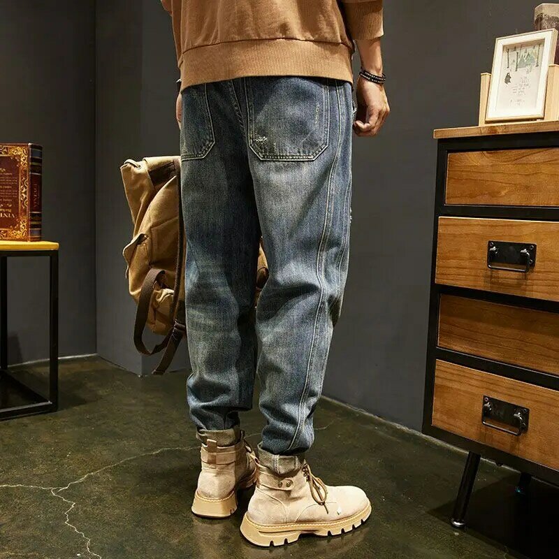 Fashion Vintage Luxury Men's Korean Style Jeans Casual Denim Pants with Patches for Spring Autumn Casual Loose Baggy Trousers