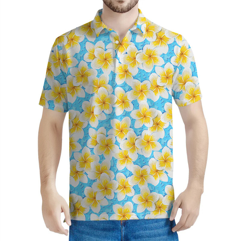 Polo graphique floral Frangipani coloré pour hommes, t-shirt imprimé fleur 3D, manches courtes, été Street At, t-shirts boutonnés