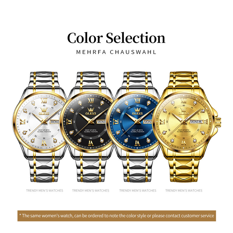 นาฬิกาควอทซ์สีทองหรูหราแบรนด์ OLEVS สแตนเลสกันน้ำเรืองแสงวันที่สัปดาห์นาฬิกาคู่สำหรับผู้ชายผู้หญิงคู่รักนาฬิกาข้อมือ