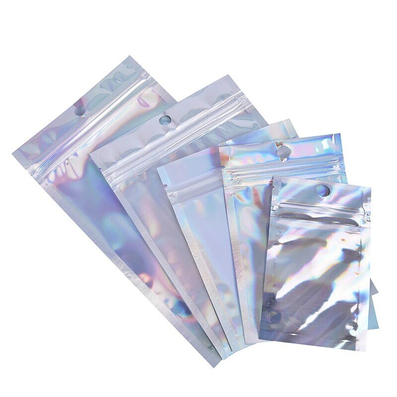 10PCS Iridescent Zip lock Pouches Cosmetic Plastic Laser Holographic Packaging Storage Bag