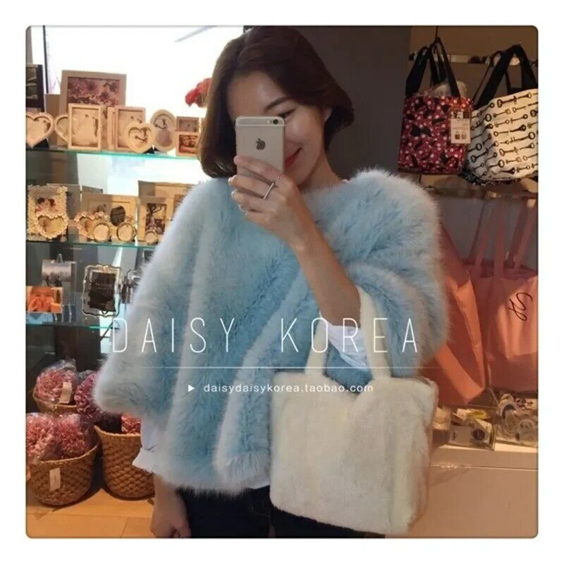 Nerz Pelz Tops koreanische Mode reine Farbe flauschiges Kaninchen fell kurzes Kunst pelz elegante ausgestellte Ärmel Pullover Winter Plüsch Pullover