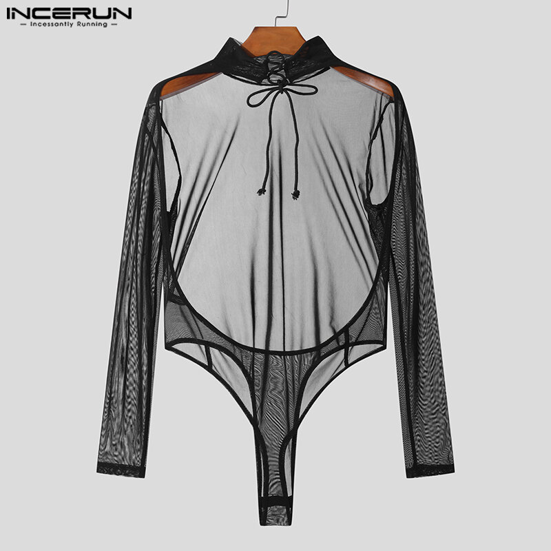 Incerun 2023 Sexy Heren Homewear Bodysuits Doorzichtige Mesh Open Rug Rompertjes Stijlvolle Driehoekige Jumpsuits Met Lange Mouwen S-3XL