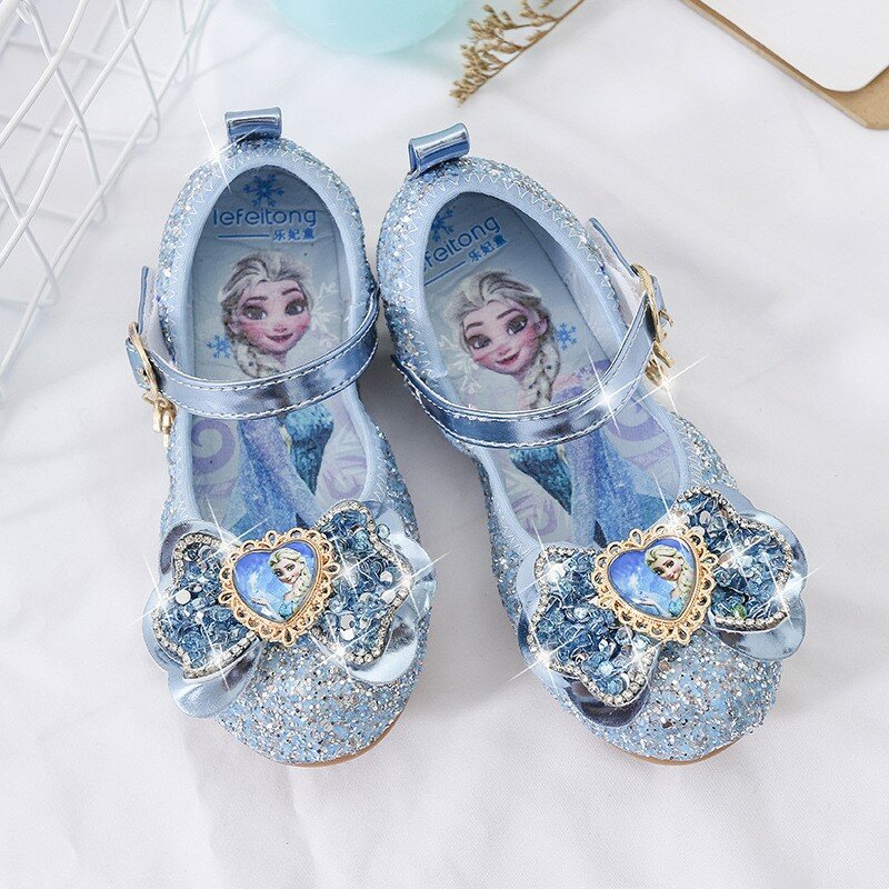 Sandales princesse Elsa pour filles, chaussures de fête pour enfants, brillantes, plates