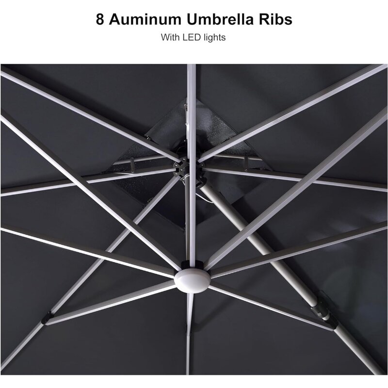 더블 탑 디럭스 태양광 발전 LED 직사각형 우산, 야외 시장 우산, 네이비 파티오 우산
