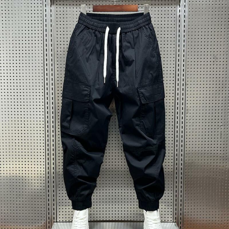 Calça de cintura elástica masculina, calça multi bolso, confortável calça harém, bolsos múltiplos, ao ar livre