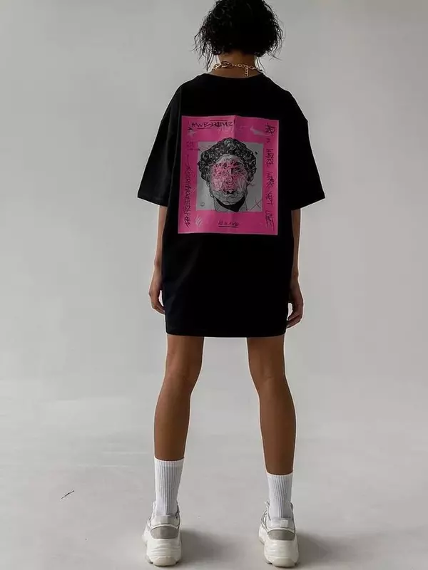 BF 스타일 프린트 오버사이즈 여성 티셔츠, 기본 코튼 티셔츠, 블랙 O넥 반팔 상의, 하라주쿠, 2024 여름