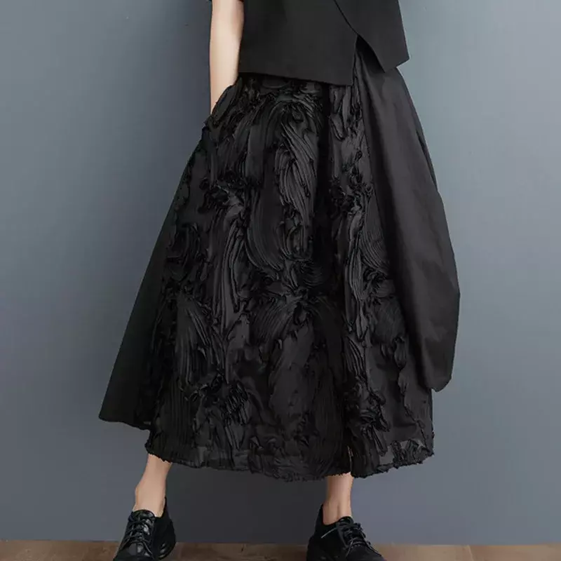 Юбка-миди Женская трапециевидная с разрезом, черная уличная одежда в стиле хип-хоп, ассиметричная со складками, на лето