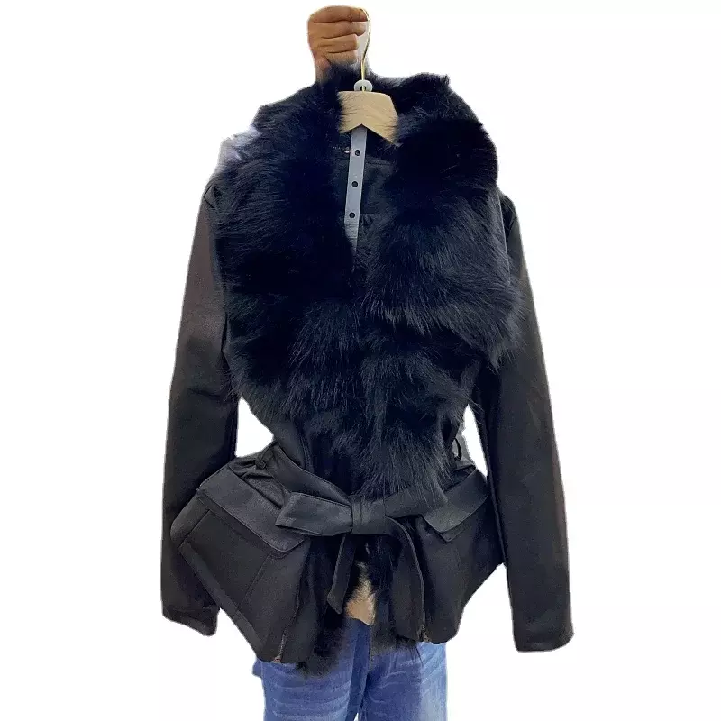Manteau en Cuir Noir avec Grand Col en Fourrure de Renard pour Femme, Serré à la Taille, Coutures Courtes en Fausse Fourrure, Hiver 2023