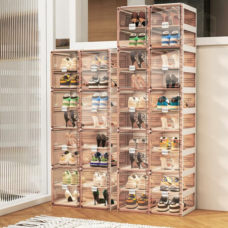 Shoe Cabinet with Doors, One Piece Portable Storage Rack, Easy to Assemble Plastic Clear Box Foldable Storage Cabinet 10 Shelves