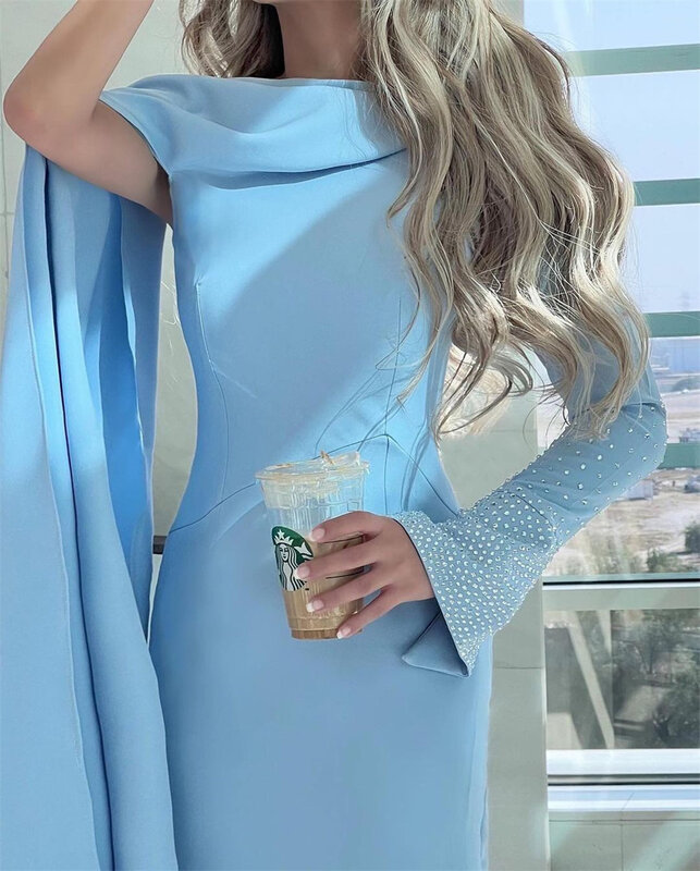 Arab Saudi gaun Prom gaun malam Jersey terbungkus Pleat manik-manik pesta koktail A-line leher perahu Bespoke gaun acara gaun Midi