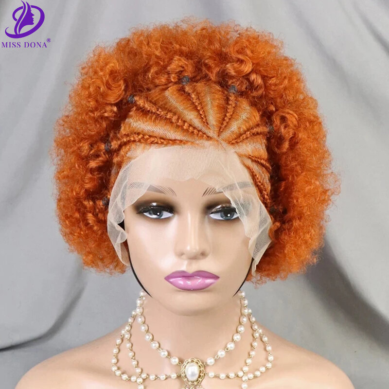 MissDona Ginger Bouncy Curly Hair Wigs with Braids 13*4 Lace Front Wig 100% Human Hair Wig Afro Wigs For Africa Women