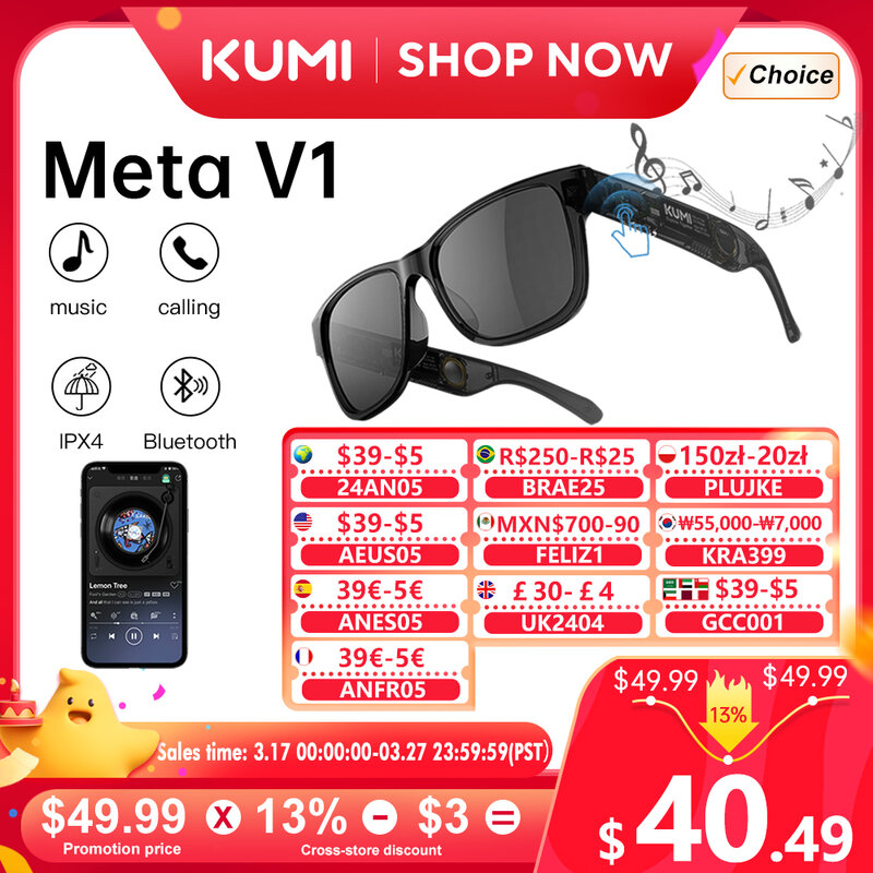 KUMI Meta V1 Smart Glasses occhiali da sole polarizzati occhiali Bluetooth IPX4 cuffie impermeabili con orecchio aperto chiamata telefonica Bluetooth