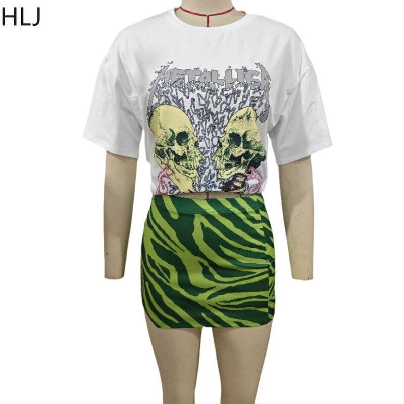 HLJ kaus jalanan Y2K wanita, setelan cetakan pola leher bulat lengan pendek dan rok Mini dua potong musim panas 2 potong