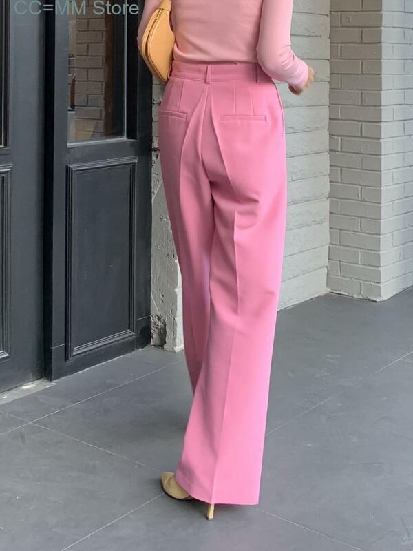 Celana setelan ungu baru wanita musim semi musim panas kantor lurus wanita kaki lebar pinggang tinggi kasual Pink hitam Chic celana