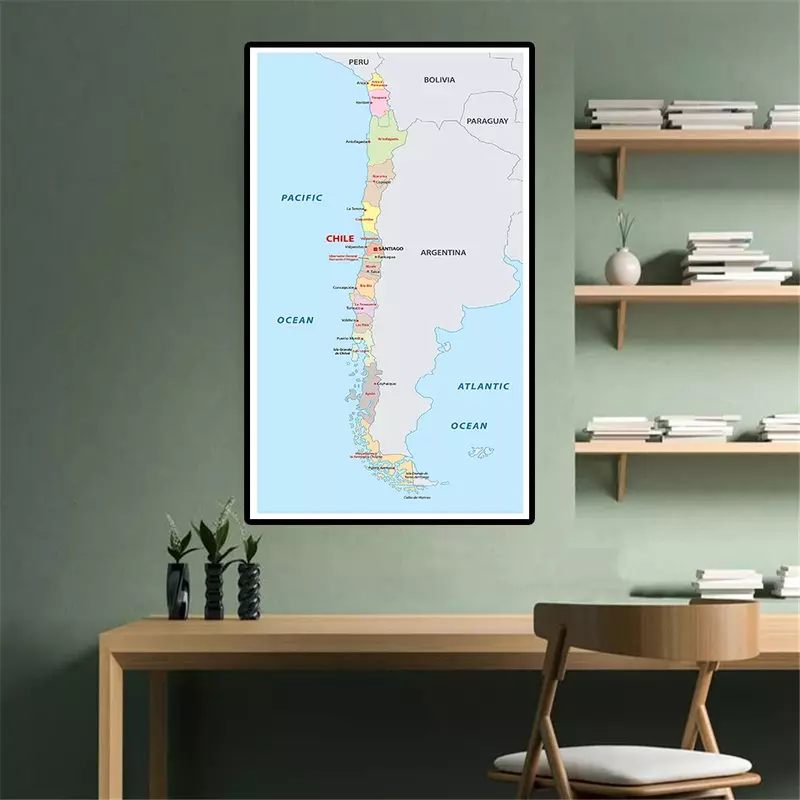 Mapa chilena em espanhol, arte da parede, cartaz de pintura em tela, decoração retrô para sala de estar, material escolar, 60x120 cm