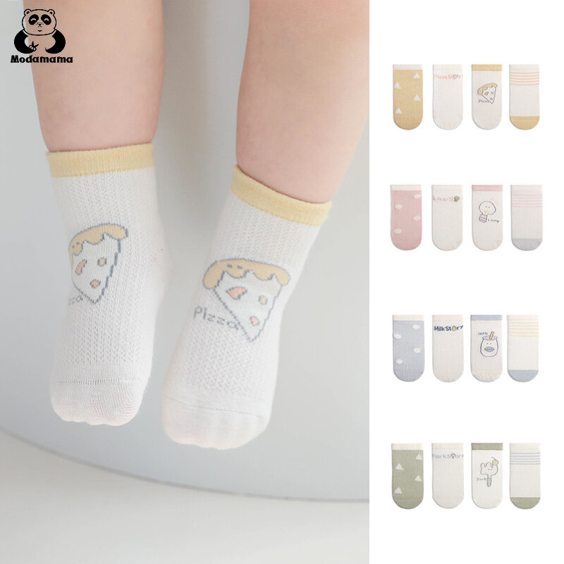 Modamama 4 paia di calzini per bambini in cotone organico Summer Mesh Toddler Tube Socks Cute Cartoon Design Crew Socks per neonato
